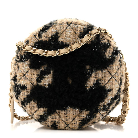 Tweed Shearling Round Clutch With Chain and Coin Purse Beige Black