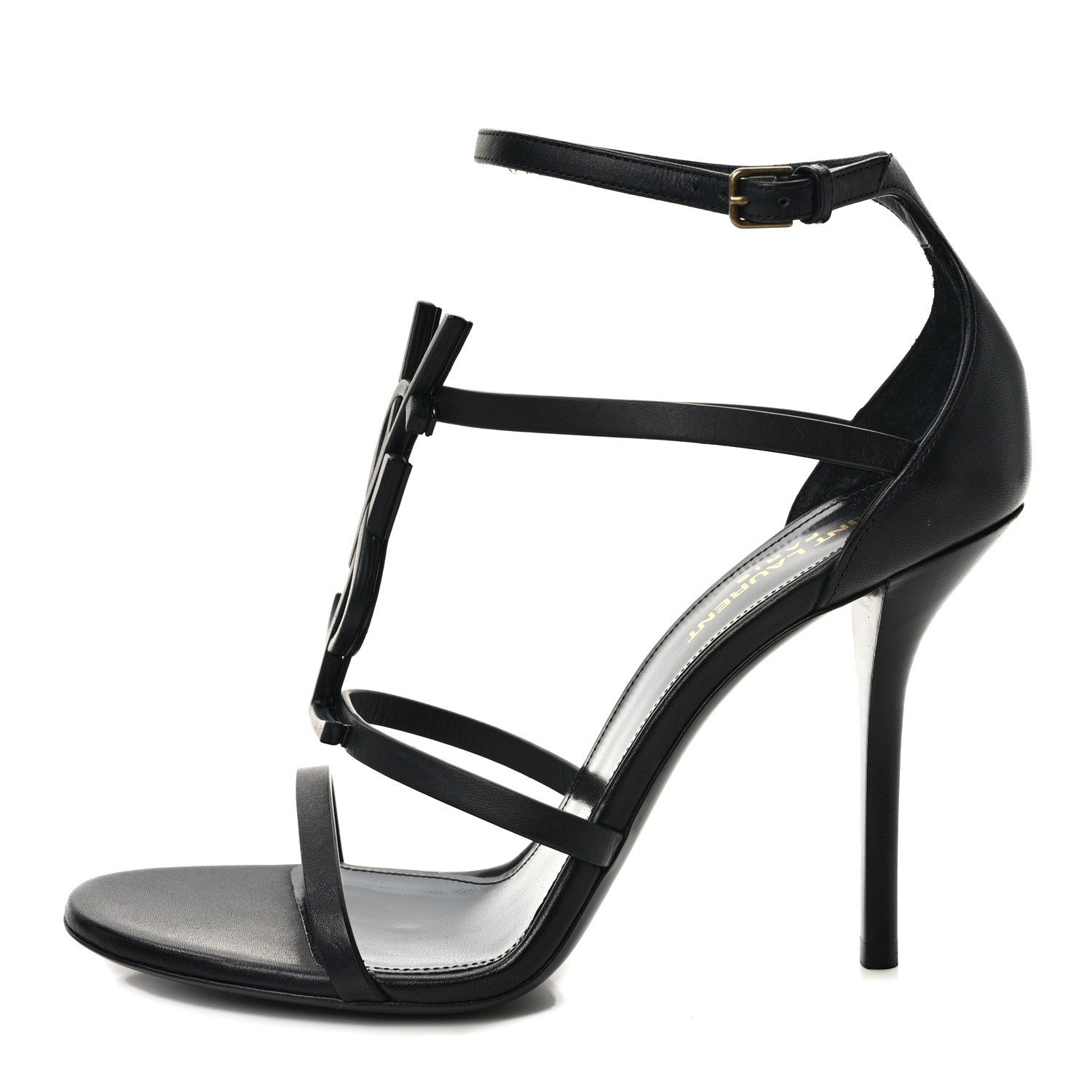 Saint Laurent Calfskin Cassandra Palm Logo 110 Ankle Strap Sandals 39.5 Black 1 of 7