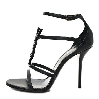 Saint Laurent Calfskin Cassandra Palm Logo 110 Ankle Strap Sandals 39.5 Black 1 of 7