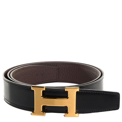 Hermes Box Togo 32mm Constance Brushed H Reversible Belt 90 Black Chocolate 1 of 7