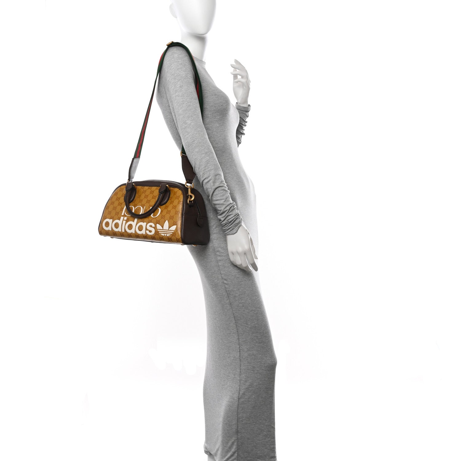 Gucci X ADIDAS Crystal Vintage Monogram Textured Dollar Calfskin Web Trefoil Logo Mini Bowling Bag Mid Natural Nut Off White New Acero 2 of 10