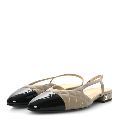 Chanel Lambskin Patent Cap Toe CC Slingback Flats 38 Beige Black 4 of 11