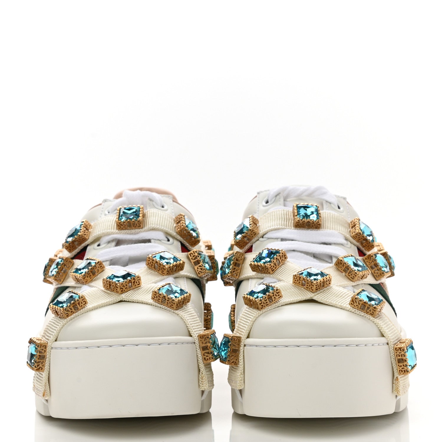 Gucci Calfskin Removable Crystals Bee Embroidered Ace Platform Sneakers 35 White 2 of 12