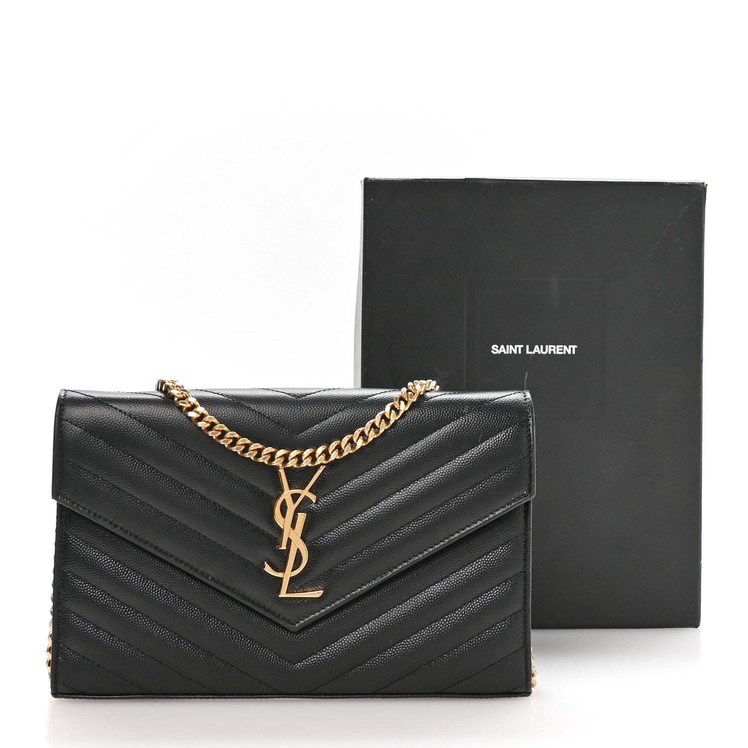 Saint Laurent Grain De Poudre Matelasse Chevron Monogram Chain Wallet Black 10 of 10