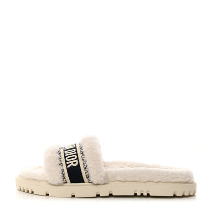 Christian Dior Shearling Canvas Embroidered Dway 10mm Slide Sandals 39 Natural Deep Blue 1 of 10