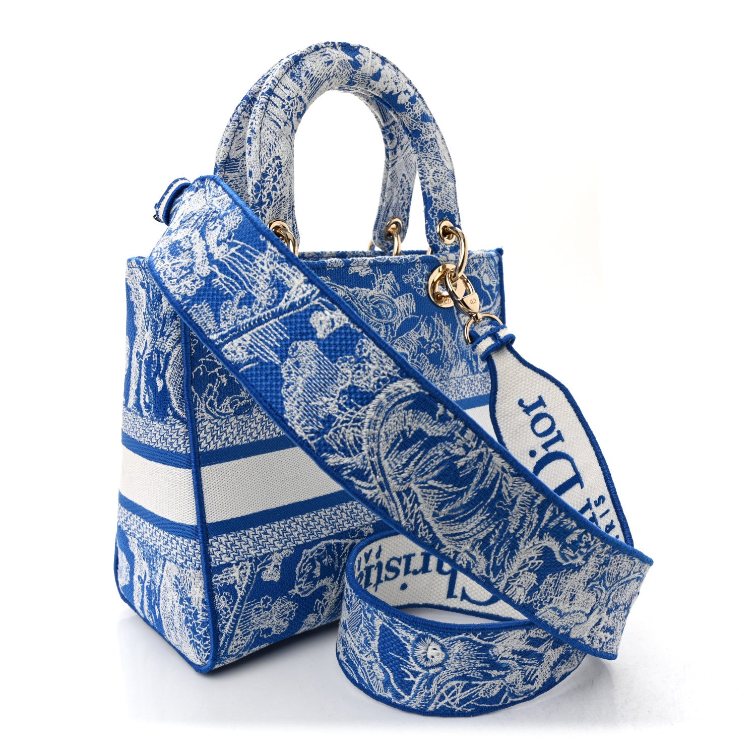Christian Dior Canvas Toile De Jouy Reverse Embroidered Medium Lady D-Lite Fluorescent Blue 3 of 11