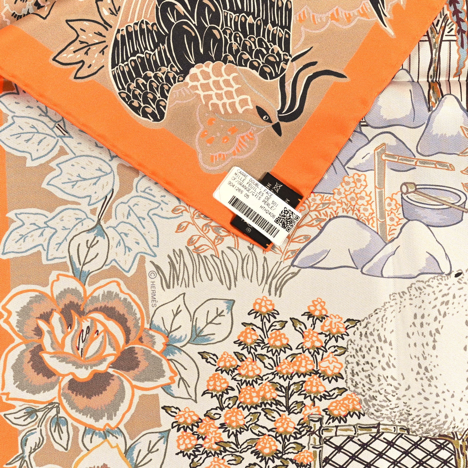 Hermes Silk Double Face Mille Feuilles Scarf 90 Orange Gris Perle Beige 3 of 4