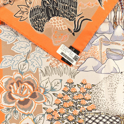 Hermes Silk Double Face Mille Feuilles Scarf 90 Orange Gris Perle Beige 3 of 4