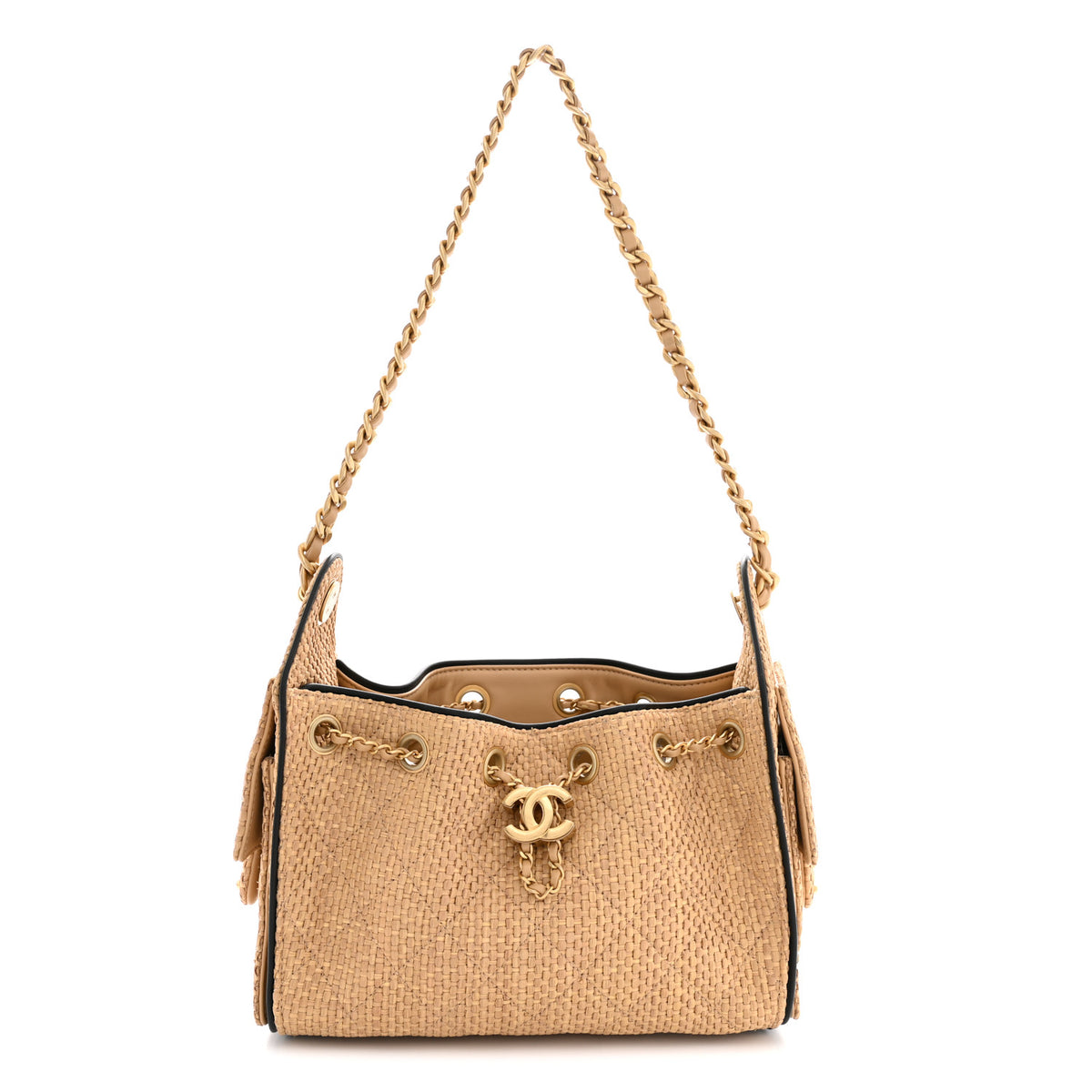 Braided Raffia Calfskin Quilted Mini Chanel 25 Handbag Beige Black