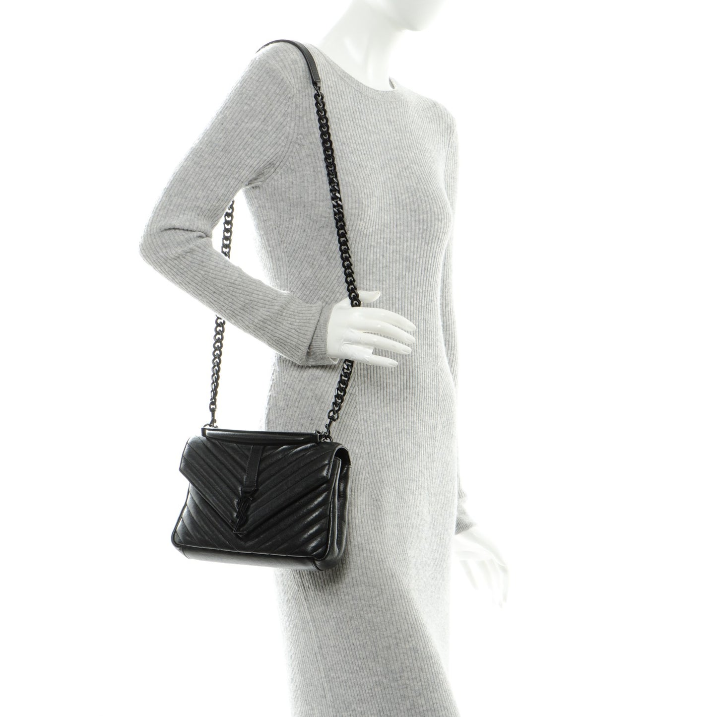 Sheepskin Matelasse Chevron Monogram Medium College Bag Black