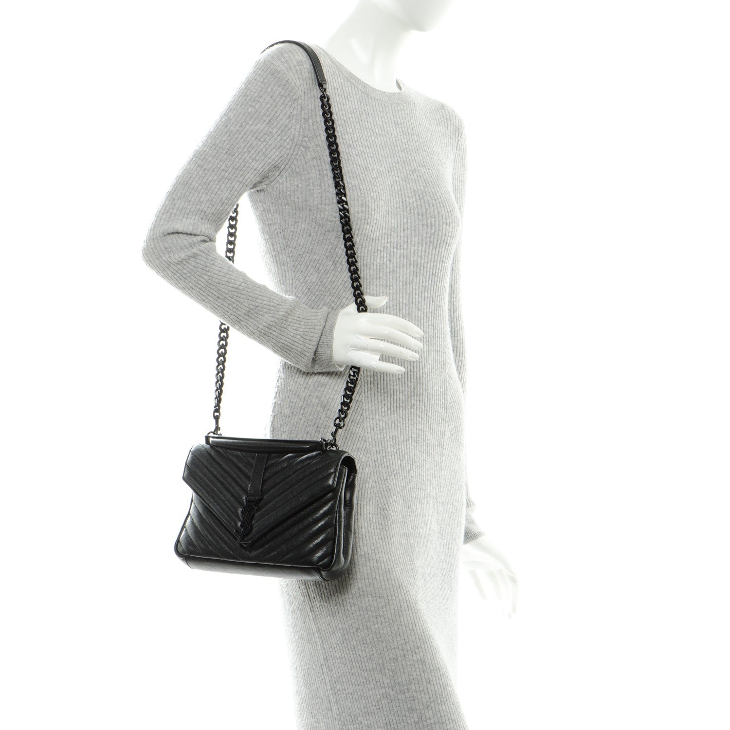 Saint Laurent Sheepskin Matelasse Chevron Monogram Medium College Bag Black 3 of 10