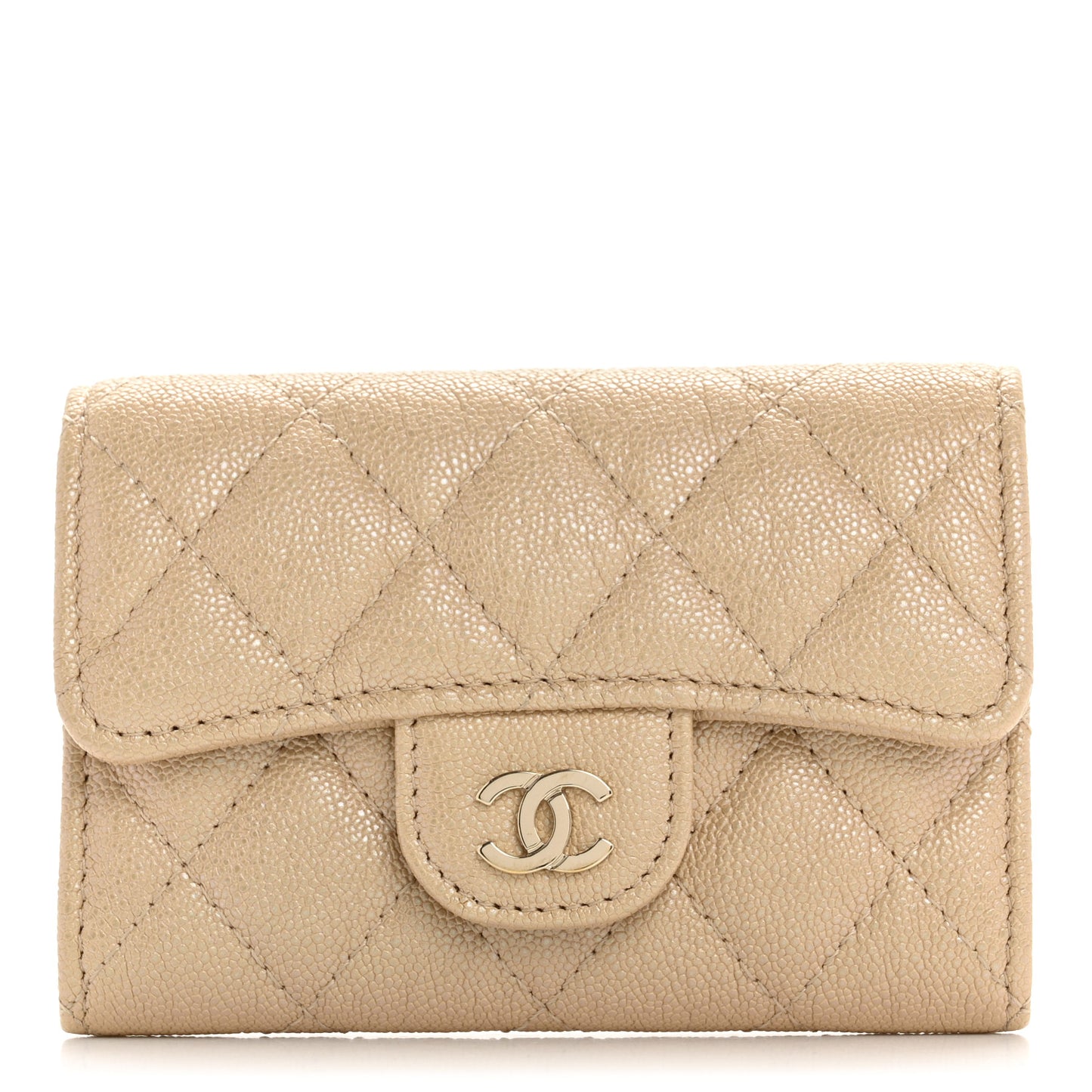 Iridescent Caviar Quilted Flap Card Holder Beige