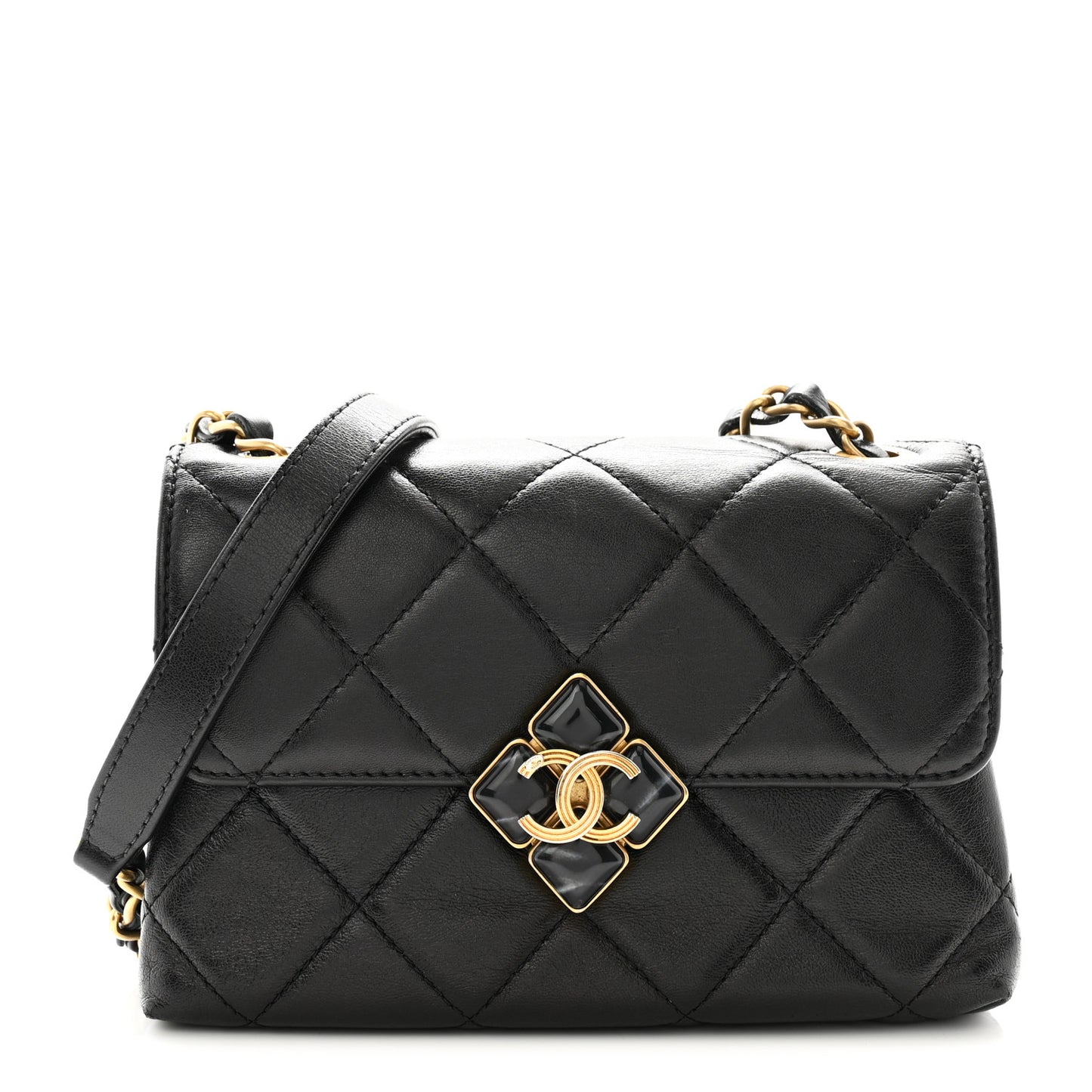 Lambskin Quilted Diamond Lock Flap Black