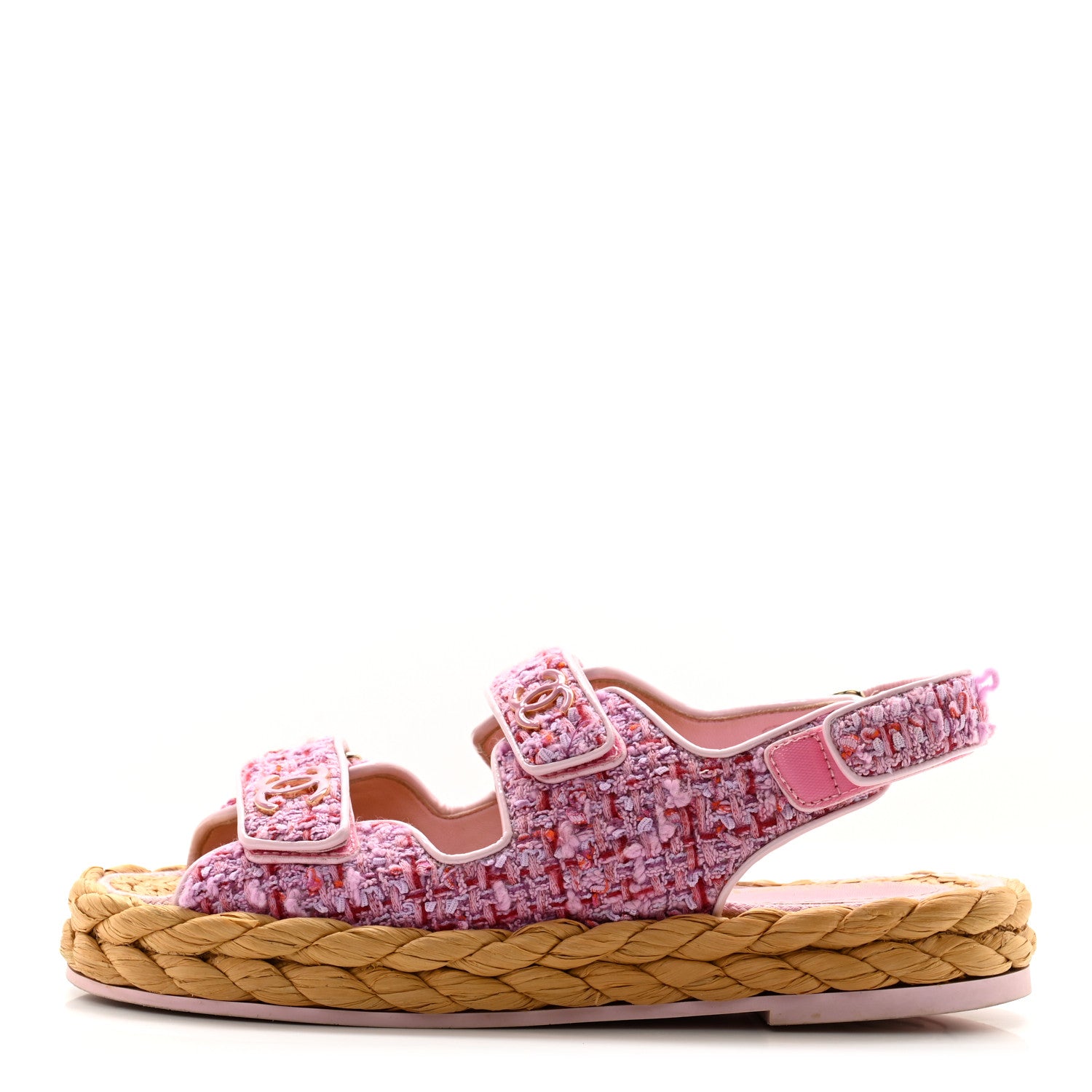 Chanel Tweed Patent Calfskin Velcro Dad Sandals 37.5 Pink Multicolor 1 of 14