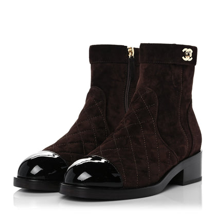 Chanel Suede Patent Calfskin Quilted Cap Toe Short Boots 36 Brown Black 3 of 9
