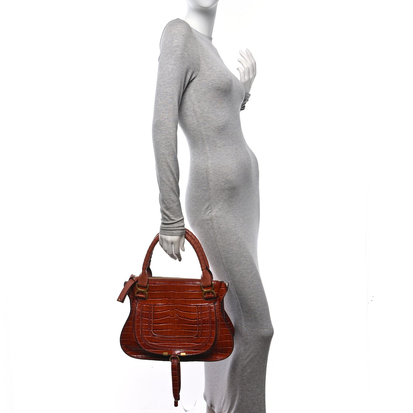 Calfskin Crocodile Embossed Medium Marcie Satchel Mahogany