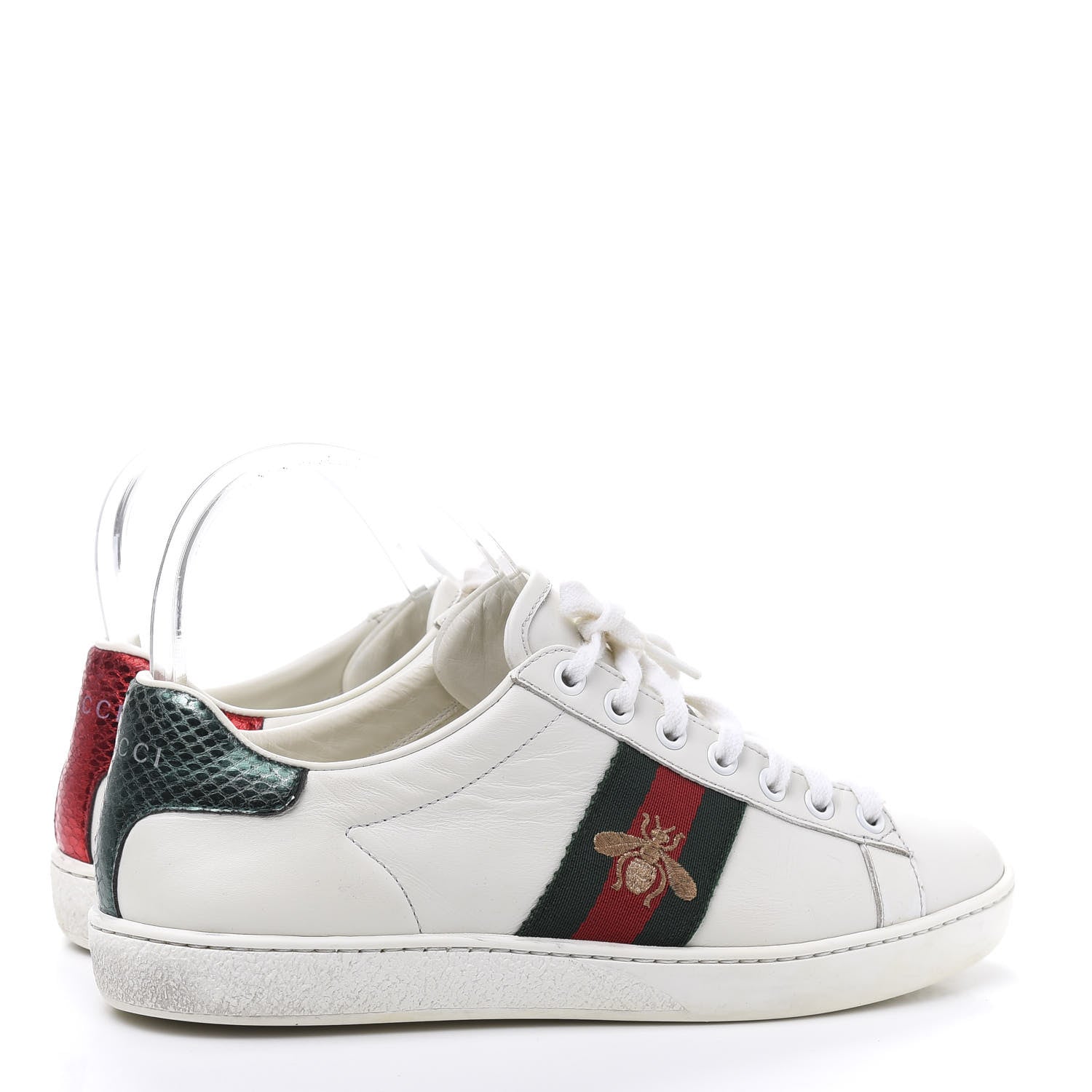 Gucci Calfskin Ayers Bee Embroidered Womens Ace Sneakers 37 White Green 4 of 8