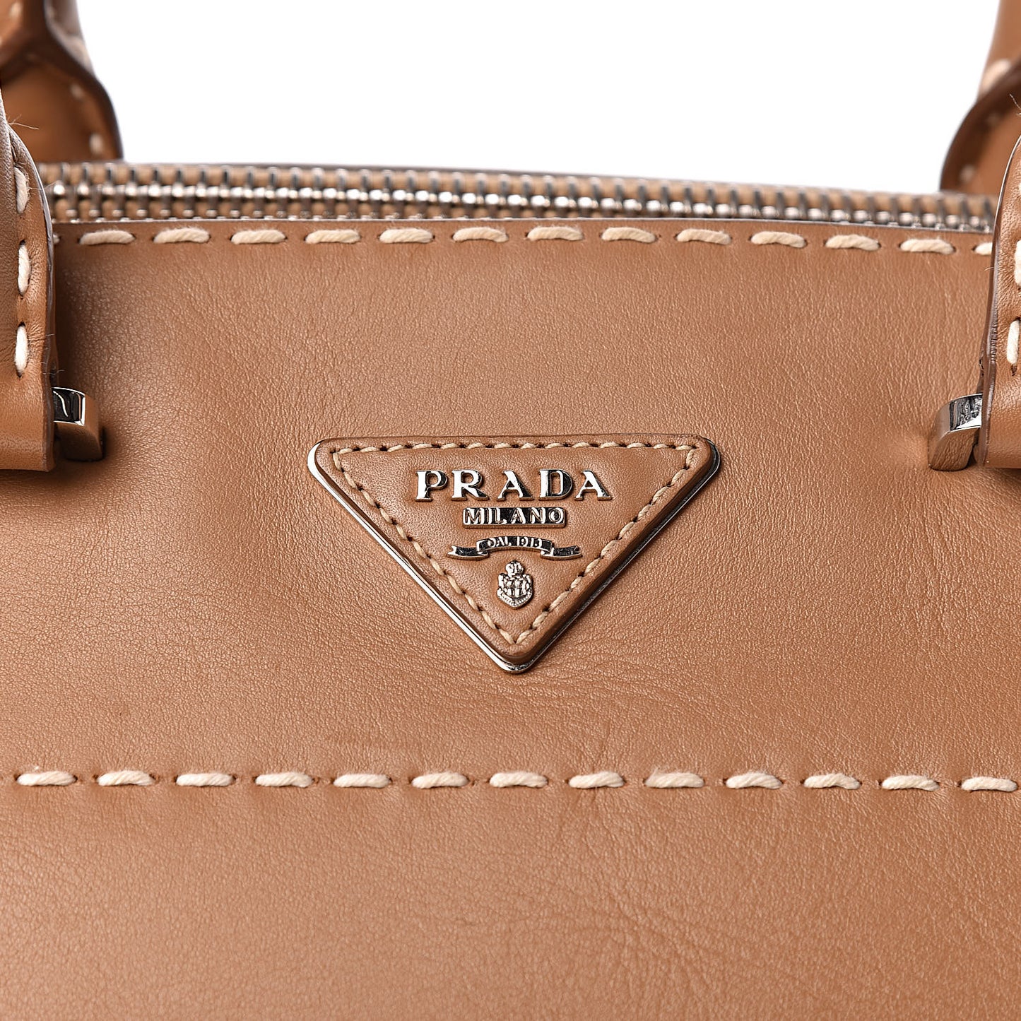 City Calf Small Hand Stitched Galleria Double Zip Tote Caramel