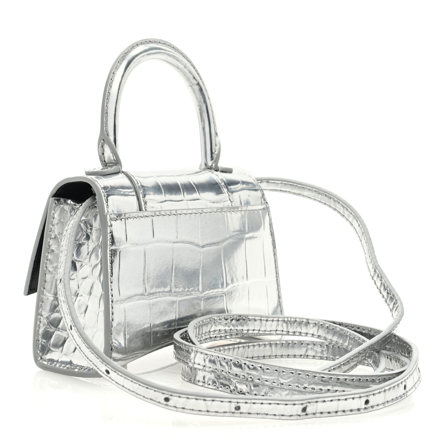 Metallic Calfskin Crocodile Embossed Hourglass Top Handle Bag Mini Silver