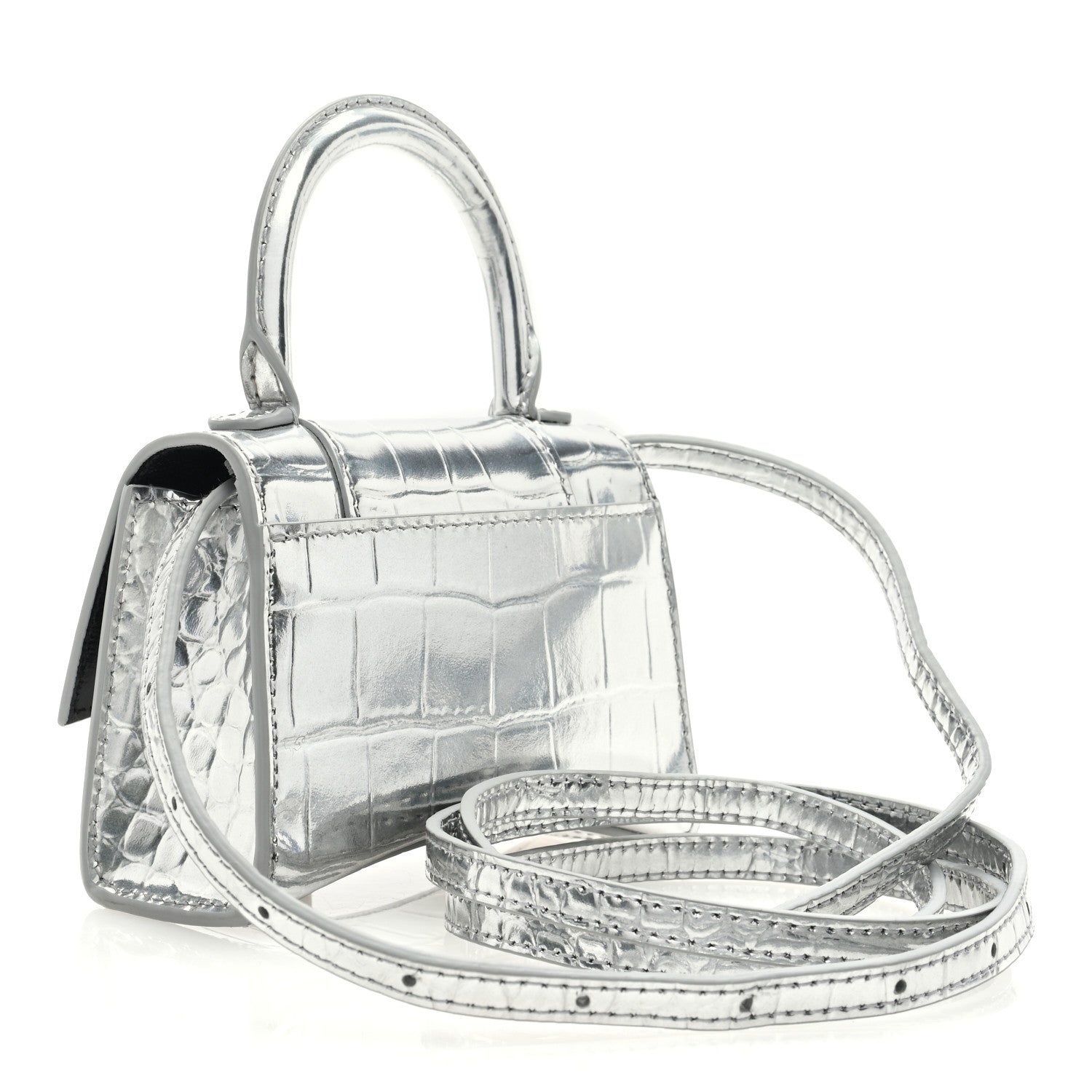 Balenciaga Metallic Calfskin Crocodile Embossed Hourglass Top Handle Bag Mini Silver 3 of 9