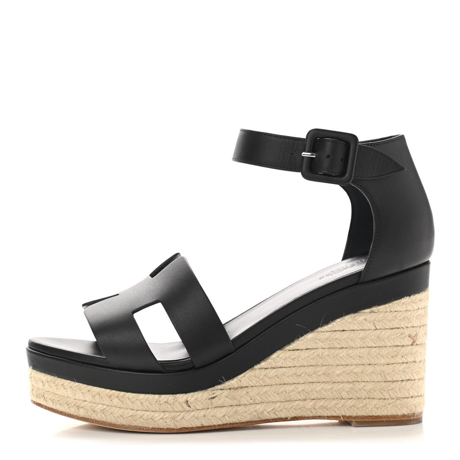 Hermes Goatskin Elda Espadrille Wedge Sandals 38 Black 1 of 13