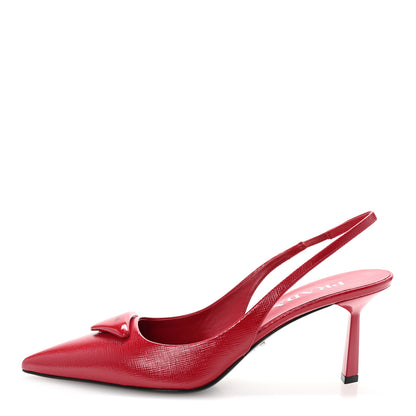 Prada Vernice Saffiano Triangle Logo Pointed Toe 75mm Slingback Pumps 37 Cherry Red 1 of 9