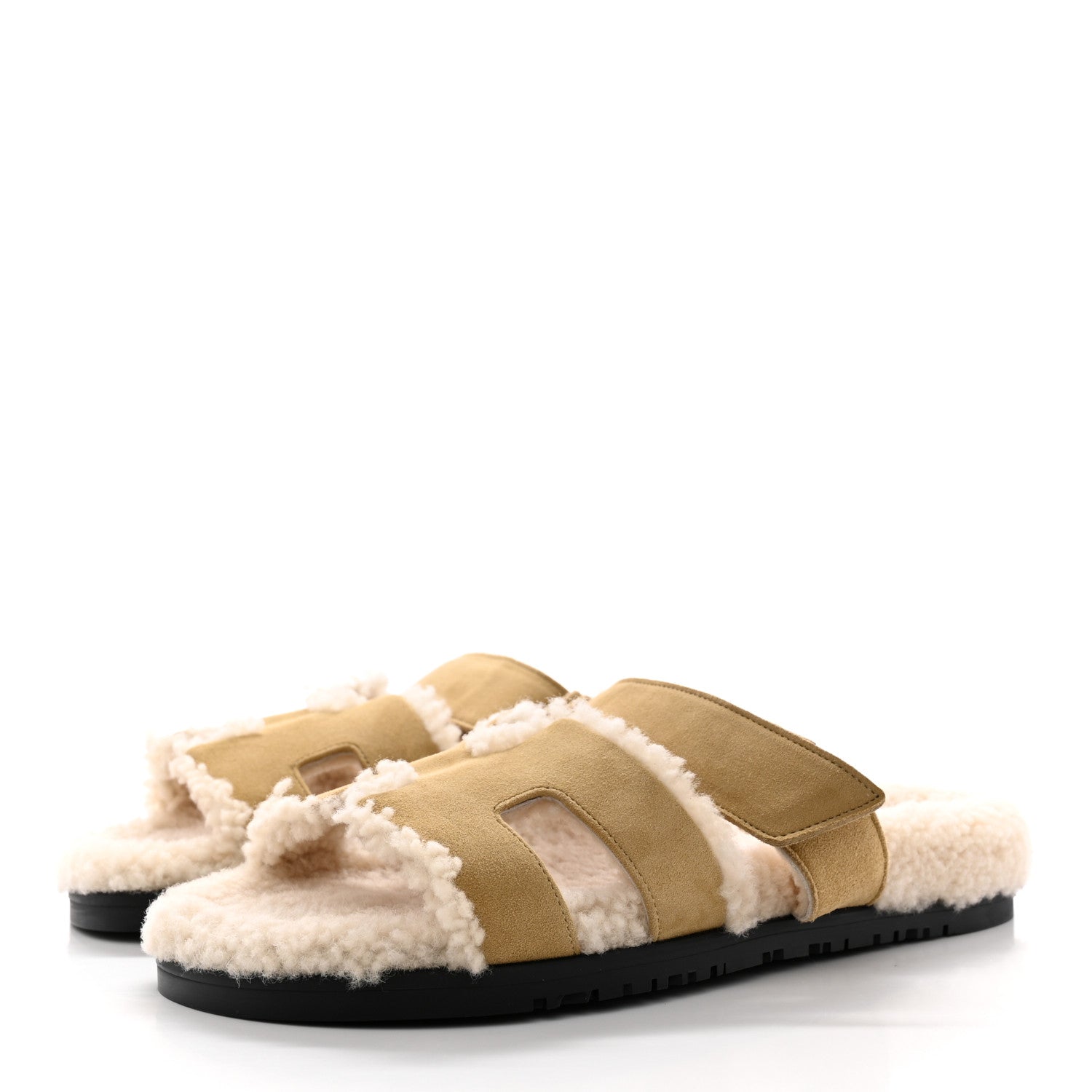 Hermes Suede Goatskin Woolskin Womens Chypre Sandals 38 Golden Beige 3 of 8