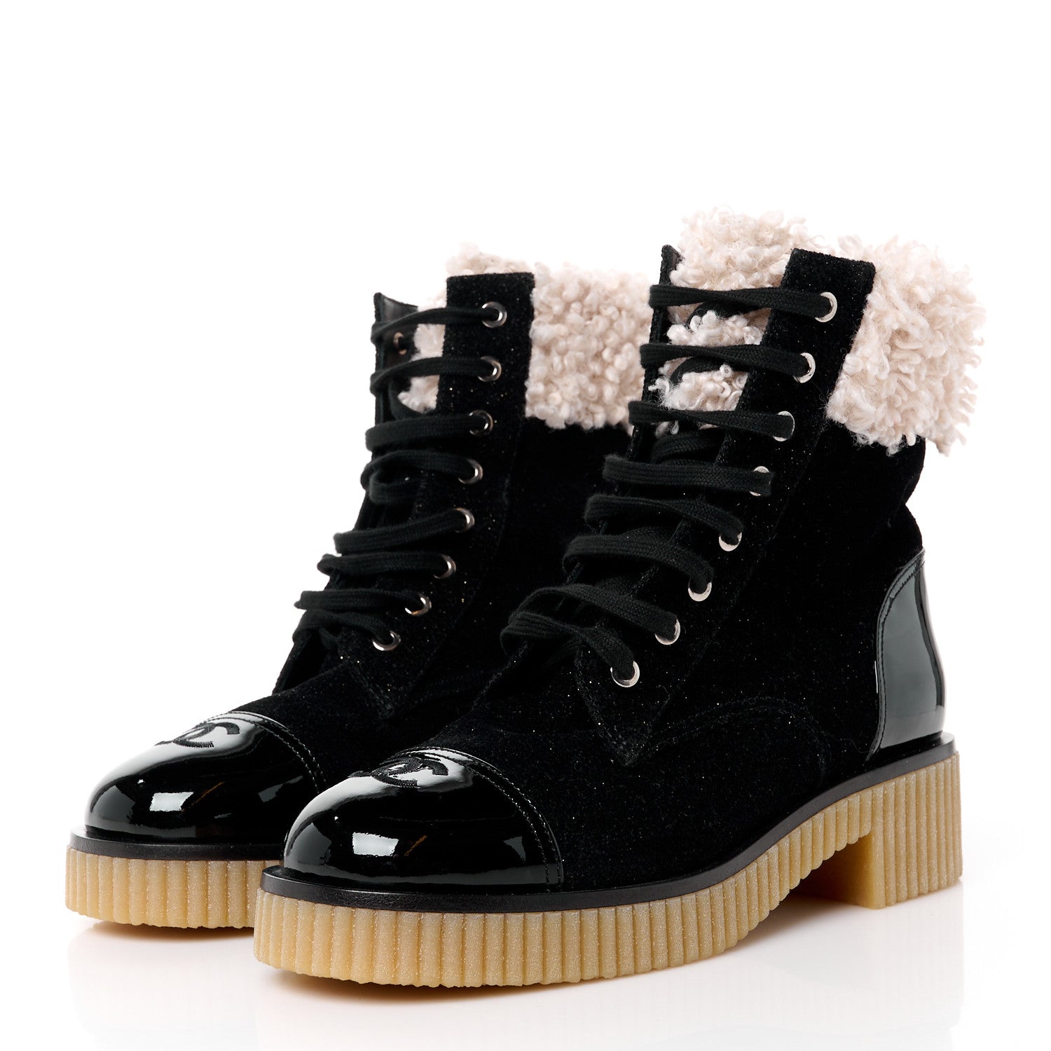 Chanel Calfskin Patent Fabric Lace Up Cap Toe CC Boots 39 Black Ivory 3 of 8
