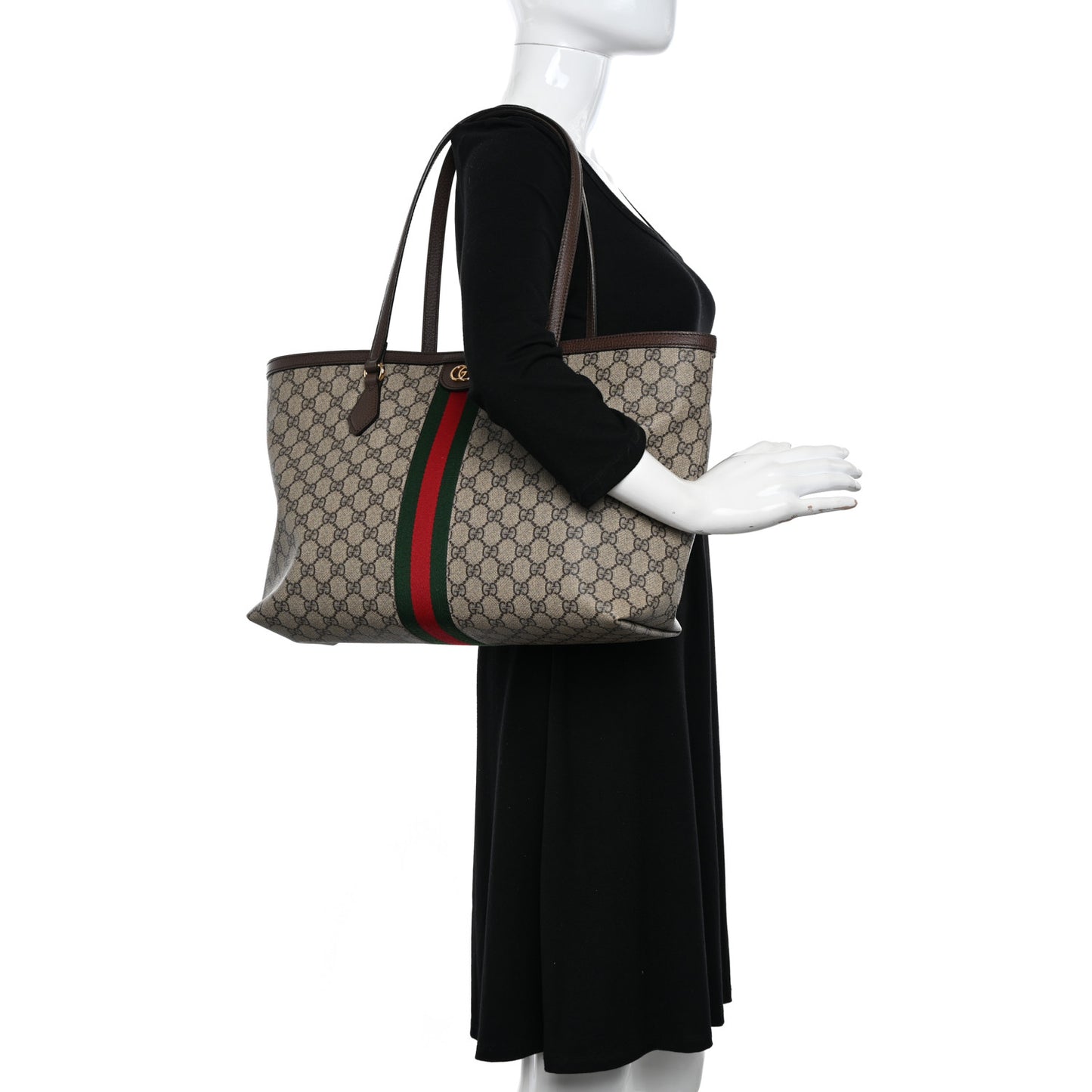 GG Supreme Monogram Textured Calfskin Web Medium Ophidia Shopping Tote Beige Ebony New Acero