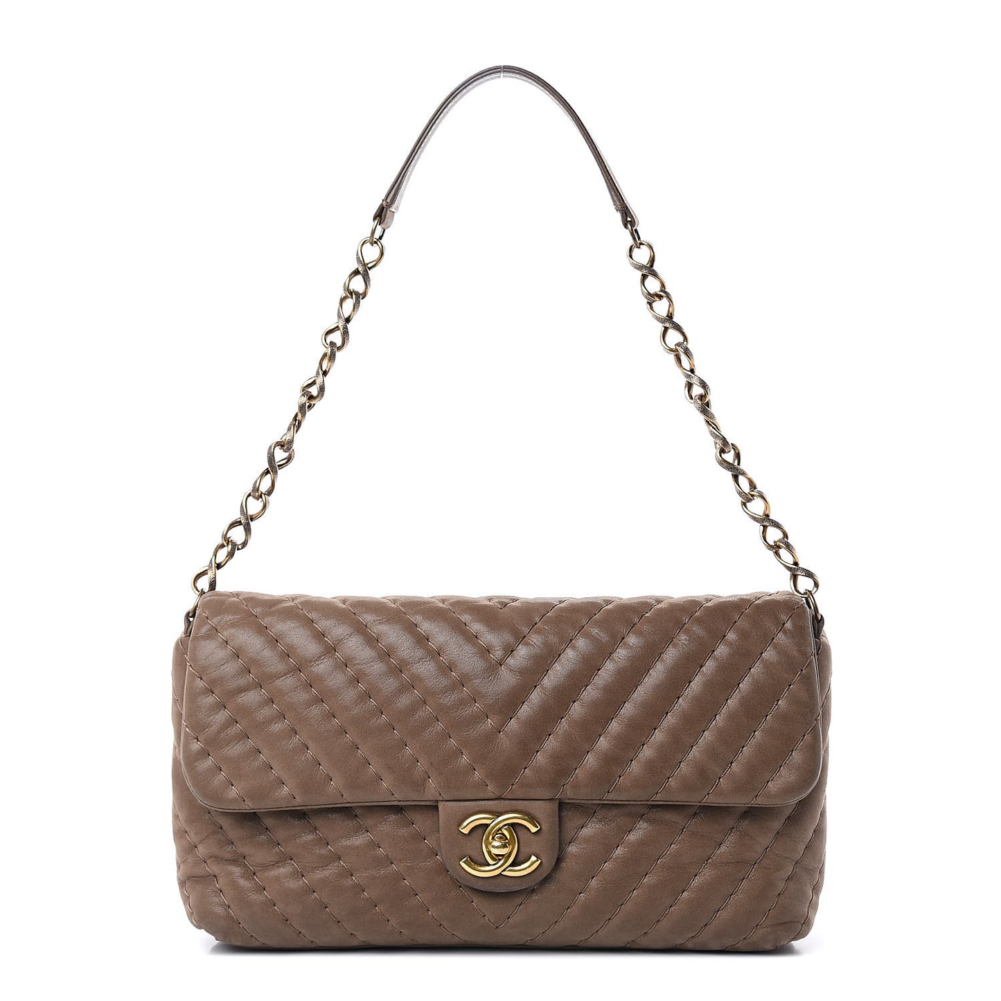 Calfskin Surpique Chevron Jumbo Flap Brown