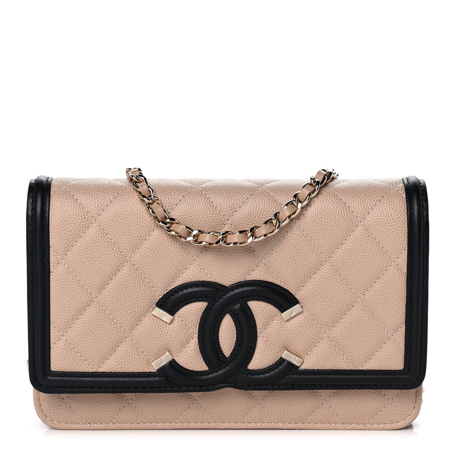 Chanel Caviar Quilted CC Filigree Wallet On Chain WOC Beige Black 1 of 12