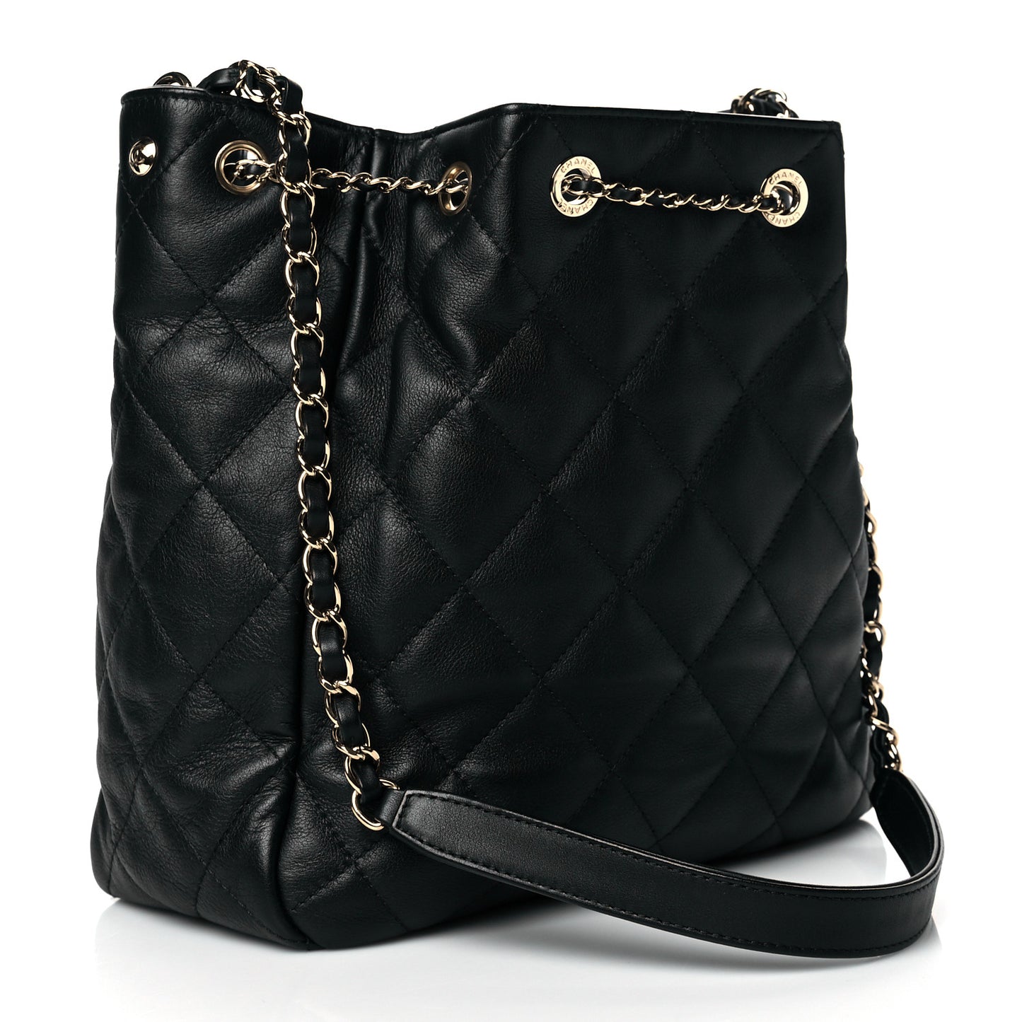 Goatskin Quilted Chain Drawstring Bag Black