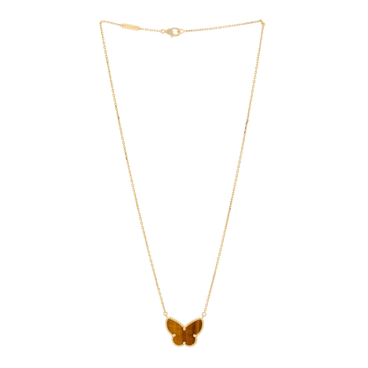 Van Cleef & Arpels 18K Yellow Gold Tiger Eye Lucky Alhambra Butterfly Pendant Necklace 3 of 5