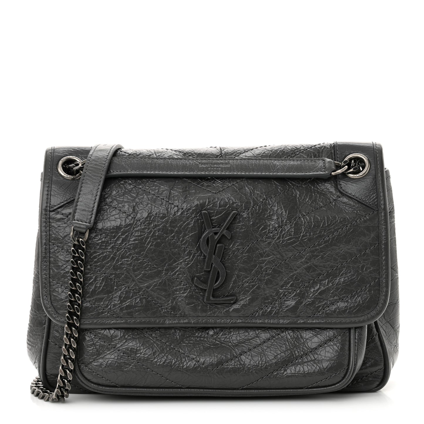 Crinkled Calfskin Matelasse Monogram Medium Niki Chain Satchel Storm