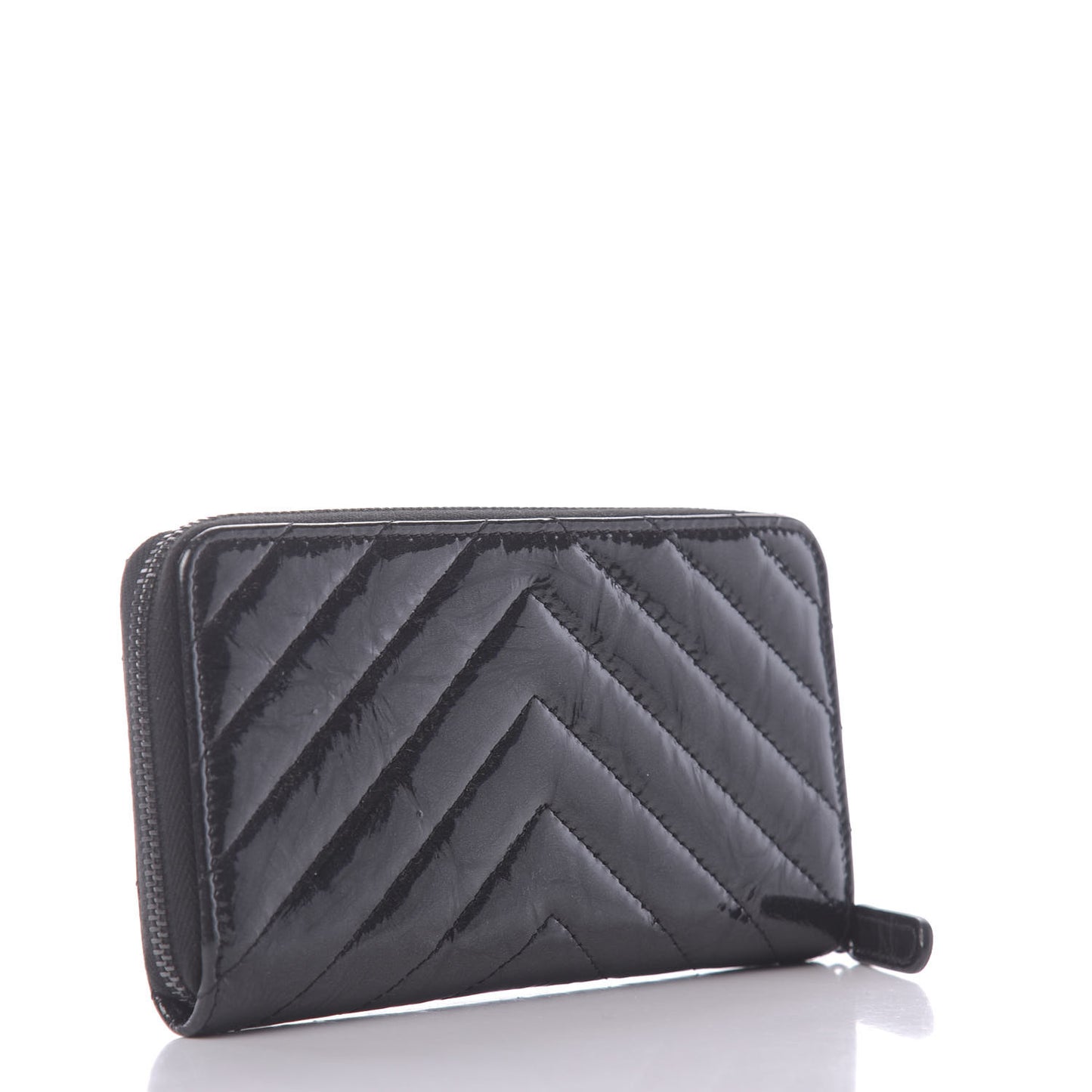 Metallic Crumpled Patent Calfskin Chevron Quilted Medium Zip Around Wallet Black