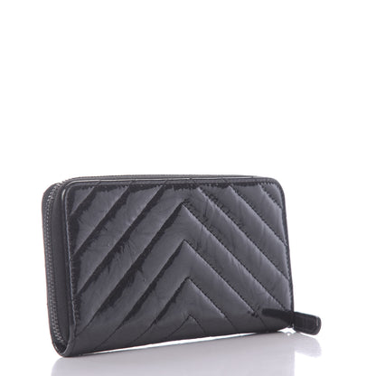 Chanel Metallic Crumpled Patent Calfskin Chevron Quilted Medium Zip Around Wallet Black 3 of 10