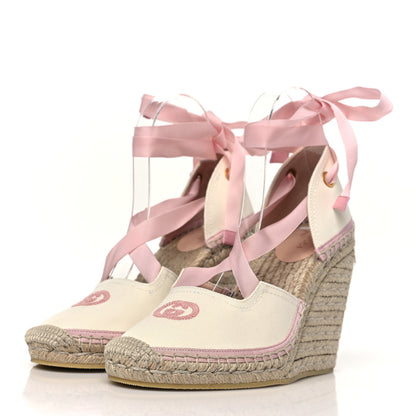 Gucci Canvas Grossgrain Embroidered Judit Ankle Wrap Platform 35/120mm Espadrille Wedges 38.5 White Shell 3 of 8