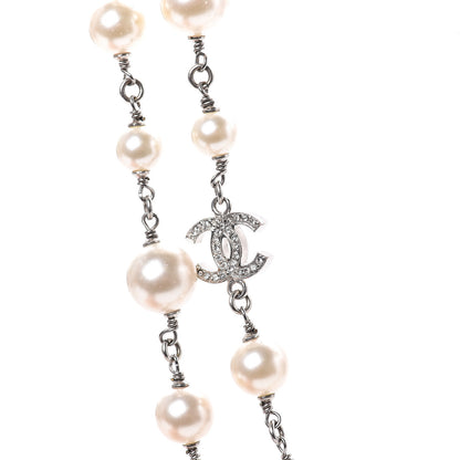 Chanel Crystal Pearl CC Long Necklace Silver 6 of 7