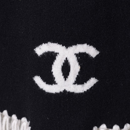 Chanel Cashmere CC Camellia Flower Fringe Scarf Black White 7 of 7