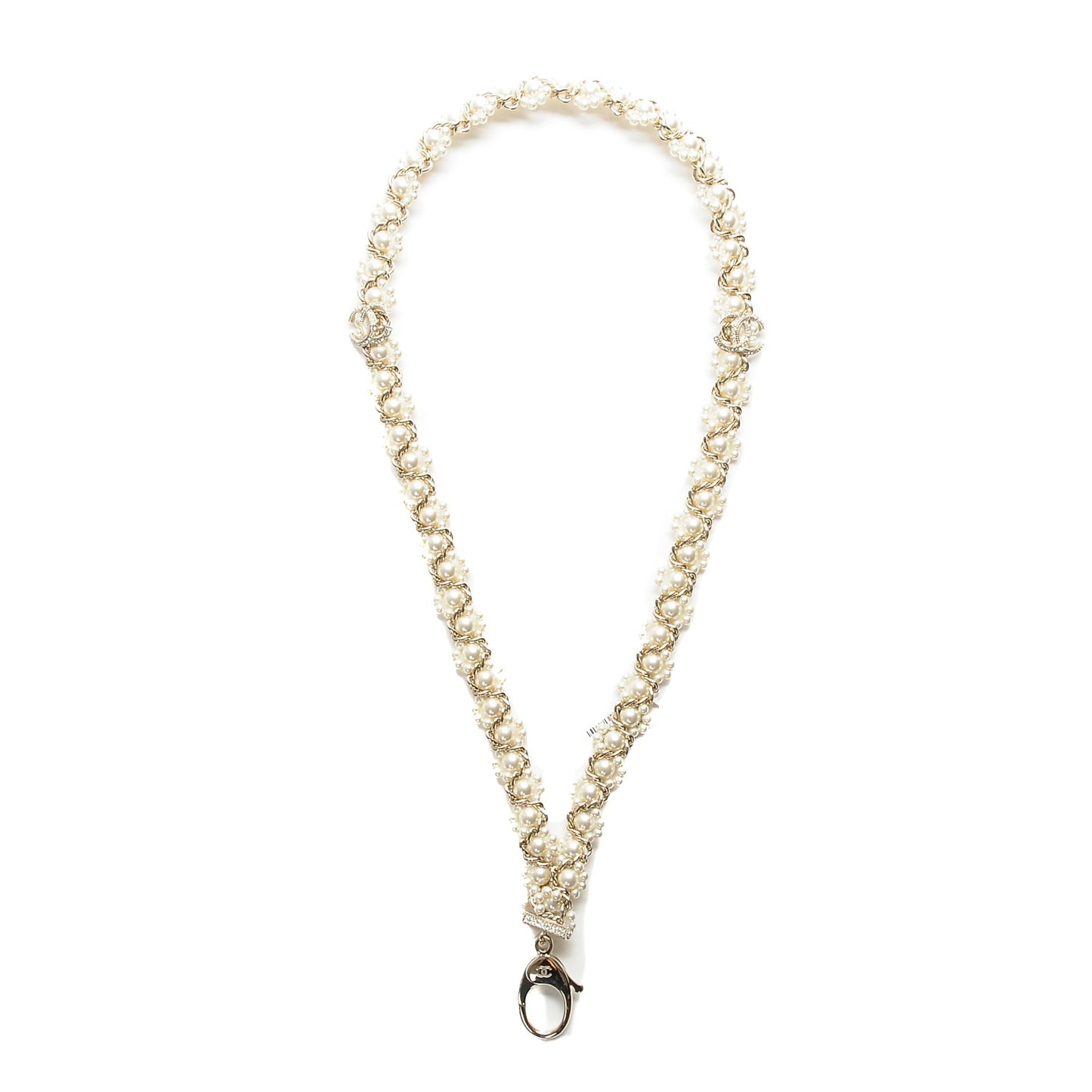Pearl Crystal CC Lanyard Necklace Gold