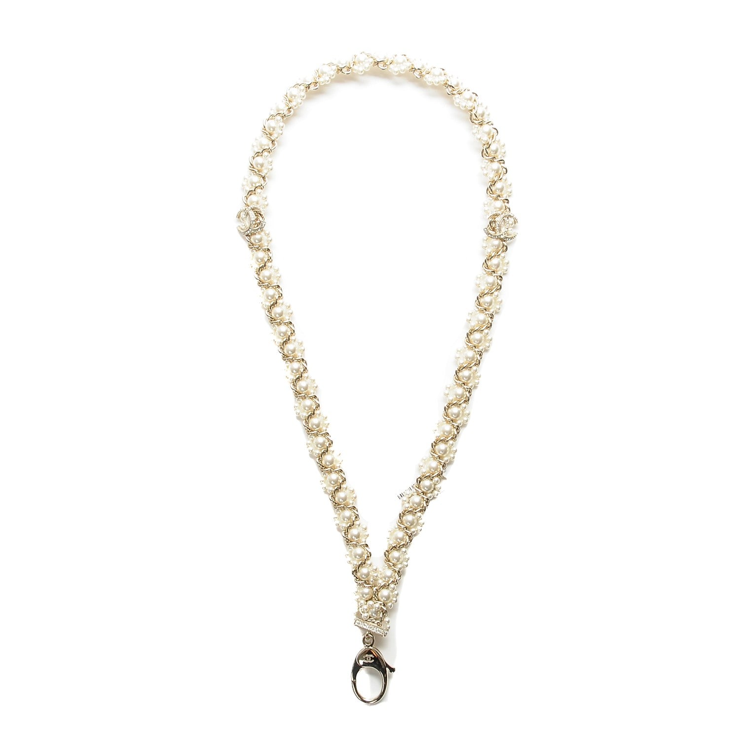 Chanel Pearl Crystal CC Lanyard Necklace Gold 1 of 5