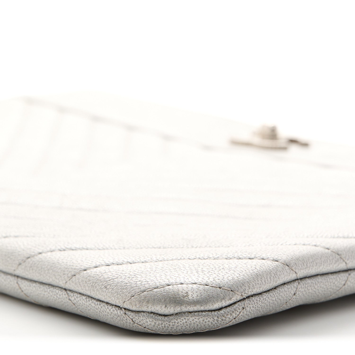 Chanel Metallic Sheepskin Chevron Quilted Mademoiselle Vintage Large Zip Pouch Silver 8 of 11
