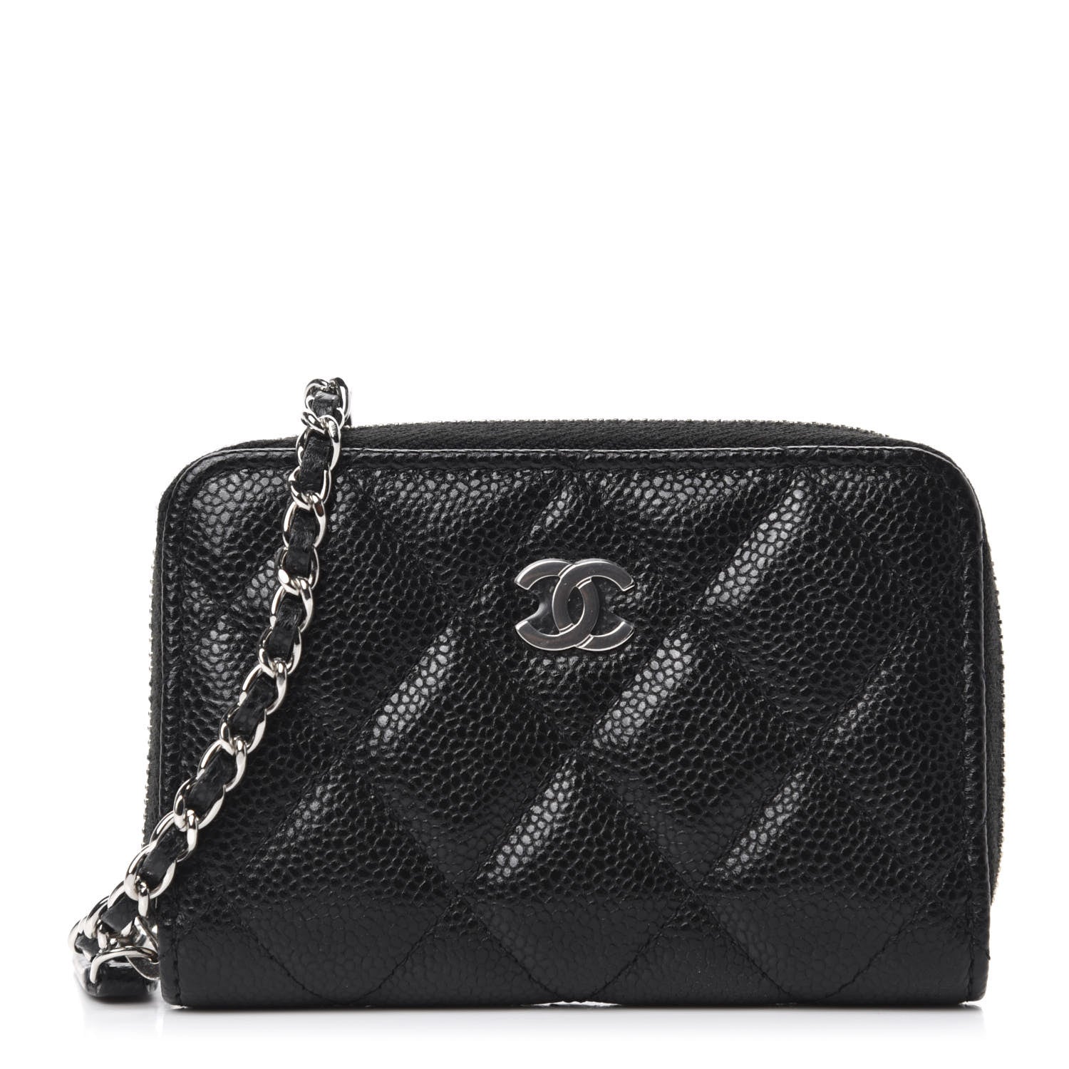 Chanel Caviar Quilted Zip Around Coin Purse Wallet On Chain Black 1 of 10