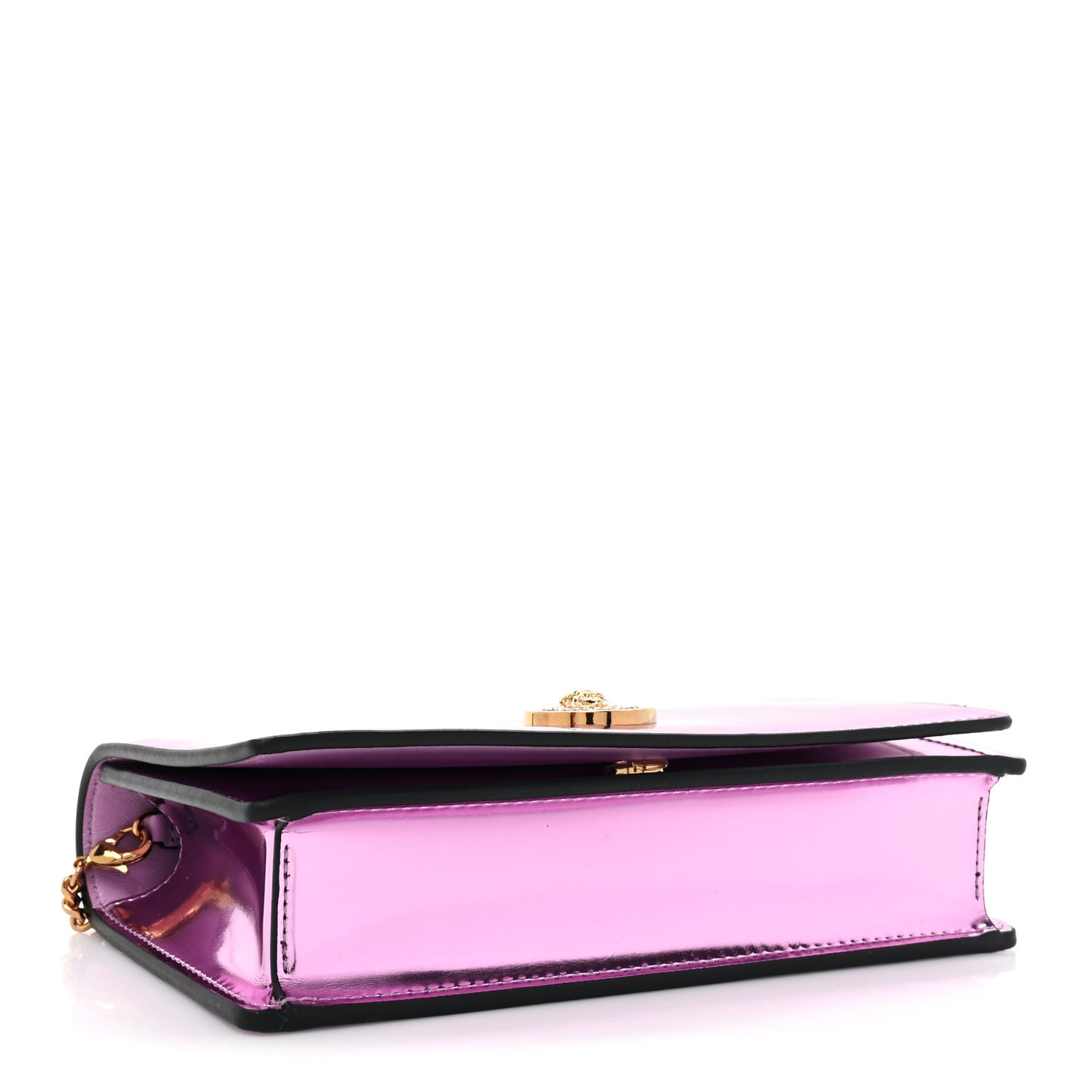 Metallic Calfskin Crystal Medusa Clutch With Chain Pink