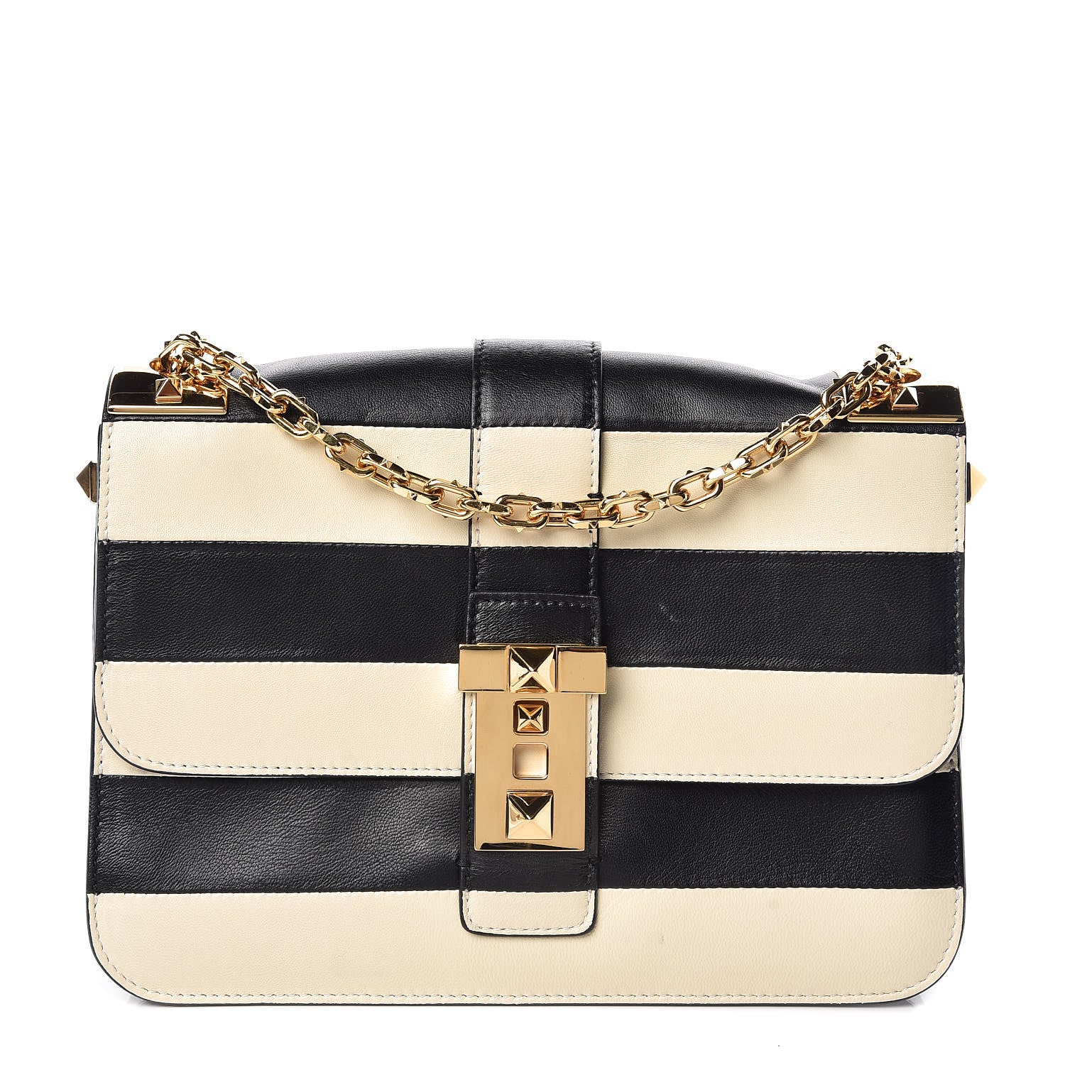 Valentino Garavani Nappa Striped B-Rockstud Flap Black Light Ivory 1 of 10
