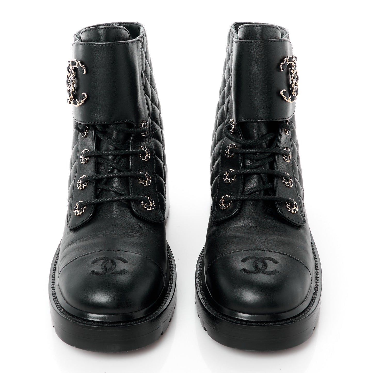 Shiny Calfskin Quilted Lace Up Combat Boots 41 Black