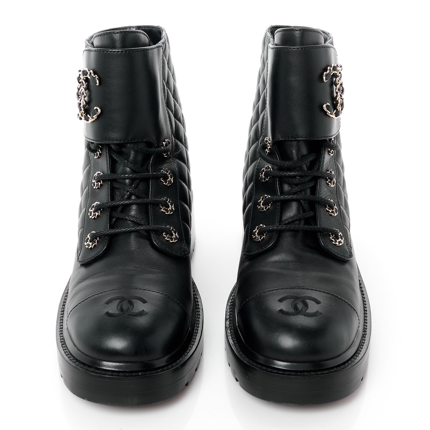 Chanel Shiny Calfskin Quilted Lace Up Combat Boots 41 Black 2 of 8