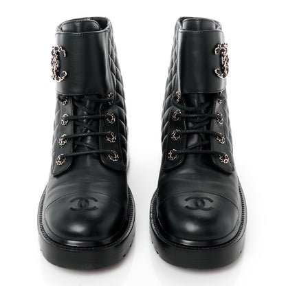 Chanel Shiny Calfskin Quilted Lace Up Combat Boots 41 Black 2 of 8