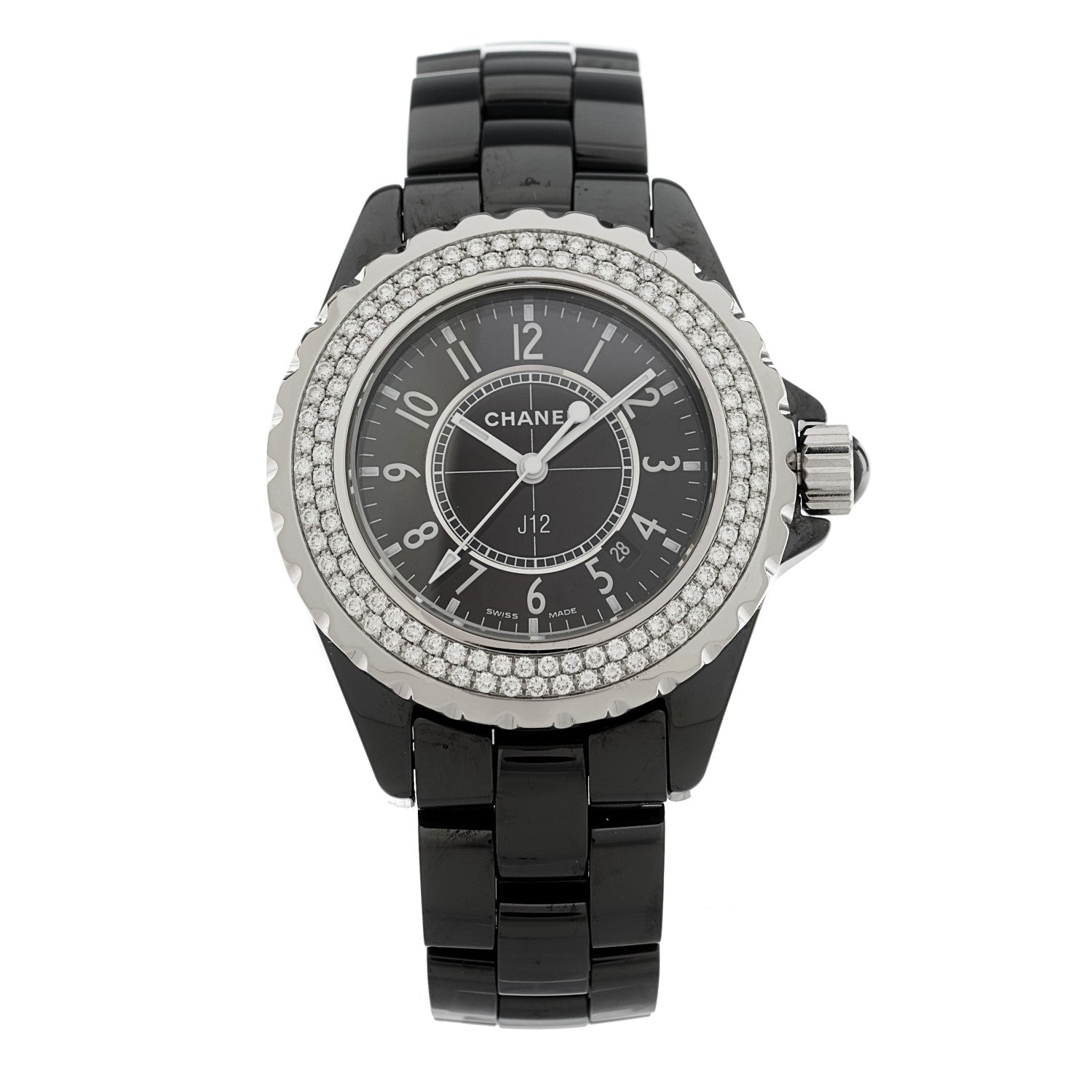 Chanel Stainless Steel Ceramic Diamond Pave Bezel 33mm J12 Quartz Watch Black 1 of 4