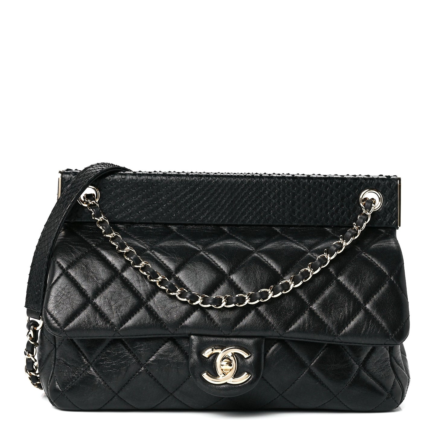 Lambskin Snakeskin Quilted Frame Flap Black